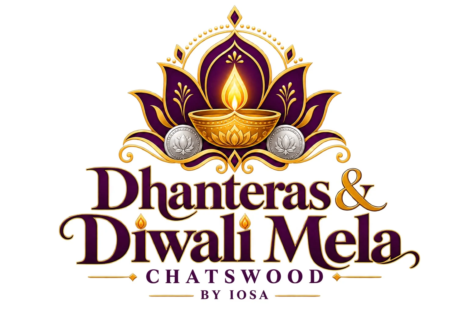 The purple and gold Dhanteras and Diwali Mela Chatswood logo by IOSA